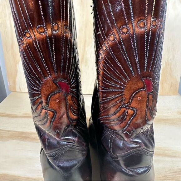 Vintage Texas Brand Brown Leather Stitched Peacock Cowboy Boots Men’s Size 9.5 D - Picture 3 of 12